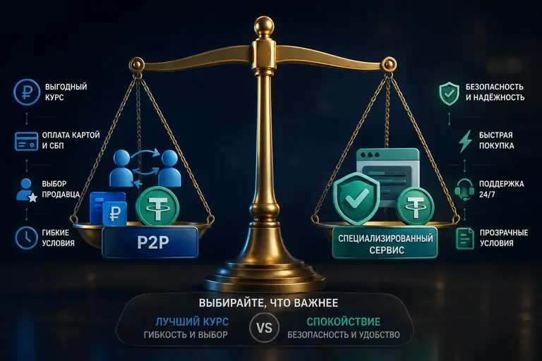 Сравнение P2P и специализированного сервиса покупки криптовалюты: курс против безопасности